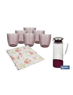 PACK DE JARRA MORADA,SET DE VASOS DE AGUA Y MANTEL 1.40 X 1.40 CM