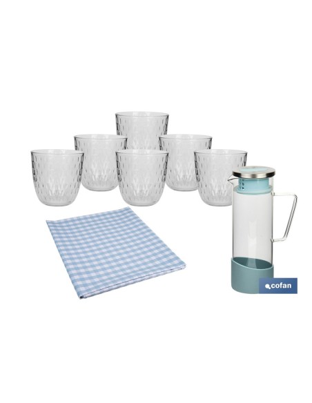 PACK DE JARRA AZUL,SET DE VASOS DE AGUA Y MANTEL 1.40 X 1.40 CM