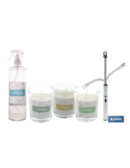 PACK DE 3 VELAS,ENCENDEDOR ELECTRICO,BRUMA TEXTIL