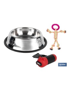 PACK DE DISPENSADOR DE BOLSAS MASCOTA, COMEDERO BEBEDERO Y JUGUETE MORDEDOR PERROS