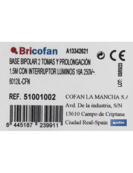 BASE BIPOLAR 2 TOMAS Y PROLONGACIÓN 1,5M CON INTERRUPTOR LUMINOS 16A250V