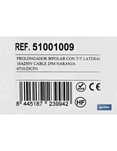 PROLONGADOR BIPOLAR CON T/T LATERAL 16A250V CABLE 25M NARANJA