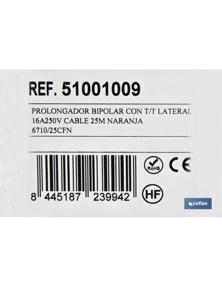 PROLONGADOR BIPOLAR CON T/T LATERAL 16A250V CABLE 25M NARANJA