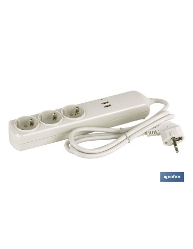 BASE BIPOLAR 3 TOMAS Y PROLONGACIÓN 1,5M CON T/T LATERAL 16A 250V USB