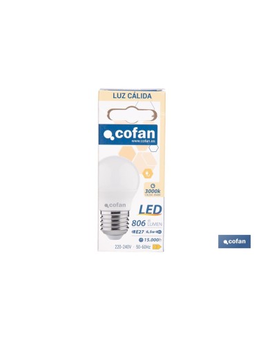 BOMBILLA LED ESFÉRICA E27 6.5 W 806 LM 3000 K