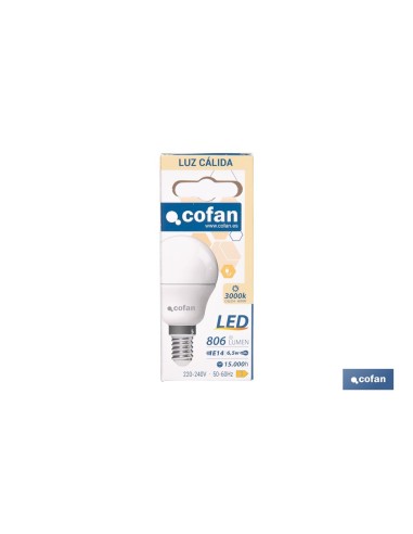 BOMBILLA LED ESFÉRICA E14 6.5 W 806 LM 3000 K