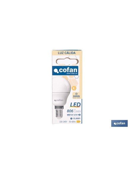 BOMBILLA LED ESFÉRICA E14 6.5 W 806 LM 3000 K