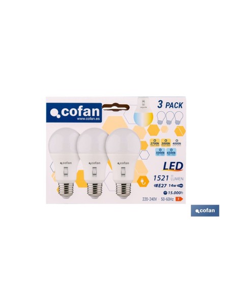 PACK DE 3 BOMBILLAS E27 A60 14W 1521 LM 5CCT