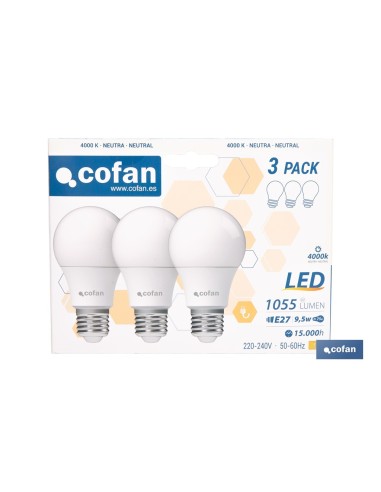 PACK DE 3 BOMBILLAS LED CLASSIC E27 9.5 W 1055 LM 4000 K