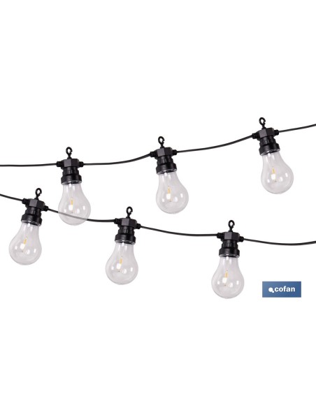 GUIRNALDA DE BOMBILLAS LED 10 UDS. CON PANEL SOLAR A19 3,7 V 1,2 Ah IP44 2700 K 4,5 + 3 M