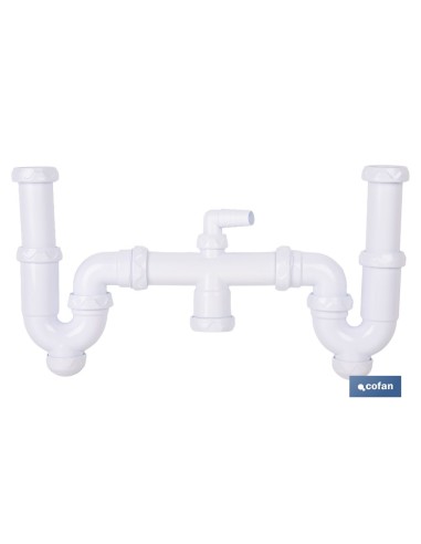 SIFÓN CURVO DOBLE CON SALIDA Ø32-40 MM, RACORES 1 1/2 Y TOMA AUXILIAR