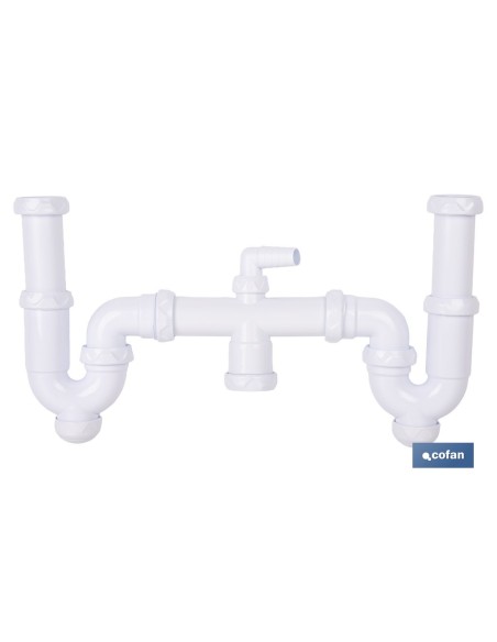 SIFÓN CURVO DOBLE CON SALIDA Ø32-40 MM, RACORES 1 1/2 Y TOMA AUXILIAR