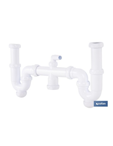 SIFÓN CURVO DOBLE CON SALIDA Ø32-40 MM, RACORES 1 1/2 Y TOMA AUXILIAR
