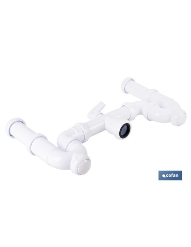 SIFÓN CURVO DOBLE CON SALIDA Ø32-40 MM, RACORES 1 1/2 Y TOMA AUXILIAR