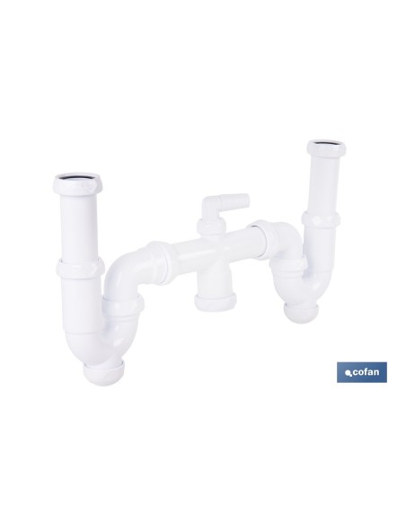 SIFÓN CURVO DOBLE CON SALIDA Ø32-40 MM, RACORES 1 1/2 Y TOMA AUXILIAR