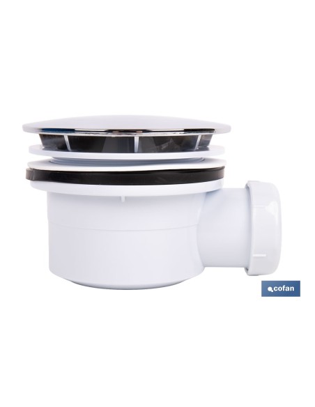 VÁLVULA SIFÓNICA PLATO DE DUCHA Ø90 MM CON SALIDA Ø32-40 MM Y EMBELLECEDOR CROMADO ALTURA 64 MM
