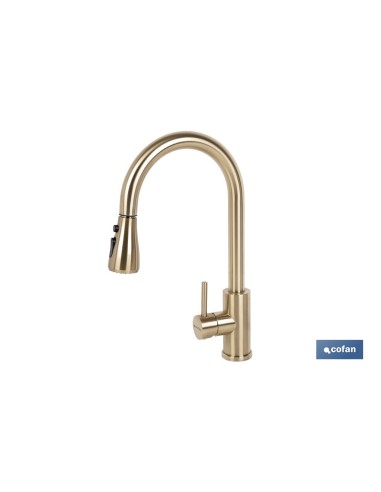 GRIFO DE COCINA DORADO DE ACERO CEPILLADO CON MANGUERA EXTENSIBLE Y 3 FUNCIONES 400 X 220 X 54 MM