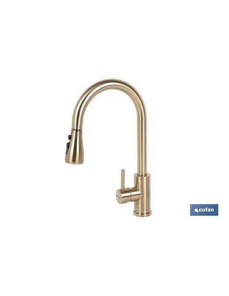 GRIFO DE COCINA DORADO DE ACERO CEPILLADO CON MANGUERA EXTENSIBLE Y 3 FUNCIONES 400 X 220 X 54 MM