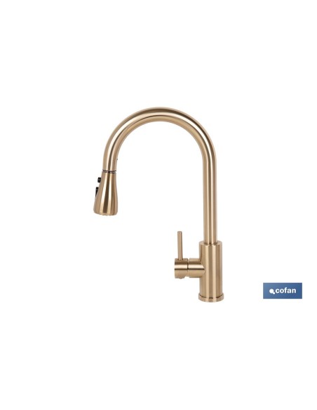 GRIFO DE COCINA DORADO DE ACERO CEPILLADO CON MANGUERA EXTENSIBLE Y 3 FUNCIONES 400 X 220 X 54 MM