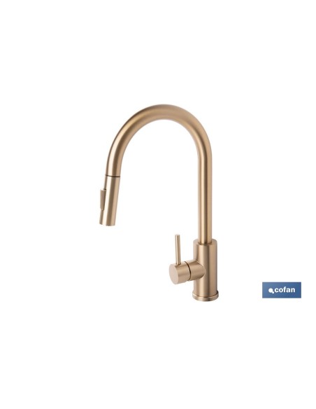 GRIFO DE COCINA CEPILLADO DORADO DE ACERO CON MANGUERA EXTENSIBLE Y 2 FUNCIONES 400 X 220 X 54 MM