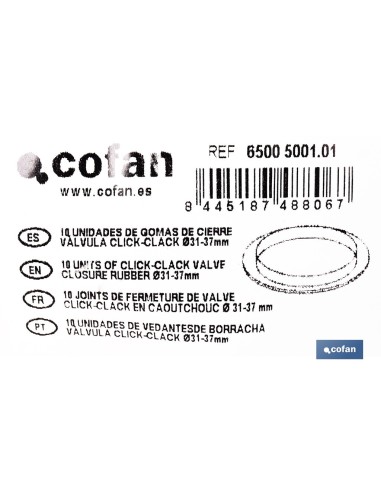 BOLSA DE 10 UNIDADES DE GOMAS CIERRE PARA VÁLVULA CLICK-CLACK Ø31-37 MM