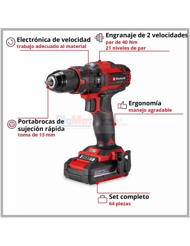 TALADRO SIN CABLE PERCUTOR TE-CD 18/40 LI-I MALETIN 64 + (1-2AH)