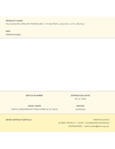 PILA VARTA ALKALINA LONGLIFE POWER 6LR61 9V (BLISTER 1 UNID.) 26,5X17,5X48,5MM