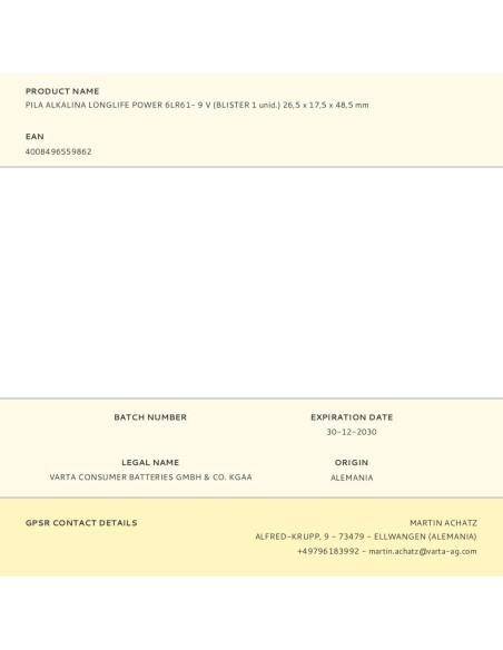 PILA VARTA ALKALINA LONGLIFE POWER 6LR61 9V (BLISTER 1 UNID.) 26,5X17,5X48,5MM