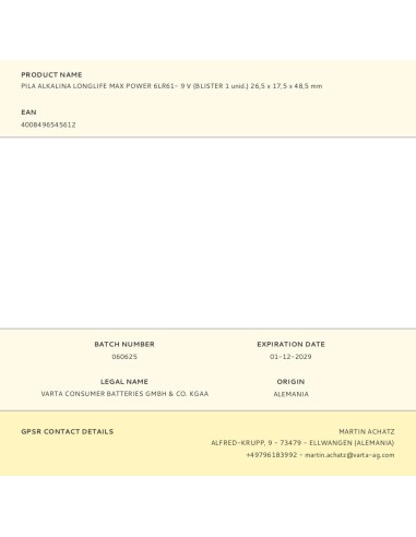 PILA VARTA LONG LIFE MAX POWER 9V - 6LR61 (BLISTER 1 UNID.) 26,5X17,5X48,5MM