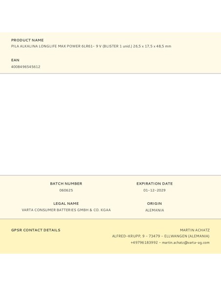 PILA VARTA LONG LIFE MAX POWER 9V - 6LR61 (BLISTER 1 UNID.) 26,5X17,5X48,5MM