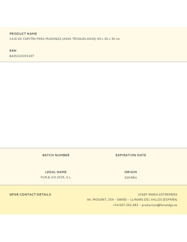 CAJA DE CARTON PARA MUDANZA (ASA TROQUELADA) 40X30X30CM FUN & GO FUN AND GO