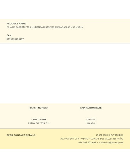 CAJA DE CARTON PARA MUDANZA (ASA TROQUELADA) 40X30X30CM FUN & GO FUN AND GO