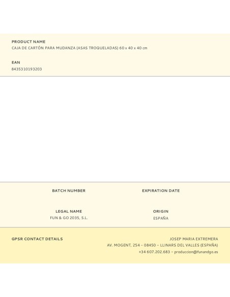 CAJA DE CARTON PARA MUDANZA (ASA TROQUELADA) 60X40X40CM FUN & GO FUN AND GO
