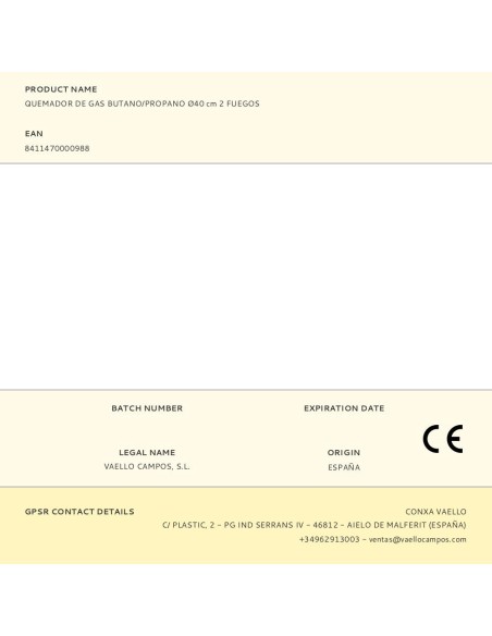 QUEMADOR GAS BUTANO/PROPANO å40CM 2 FUEGOS.