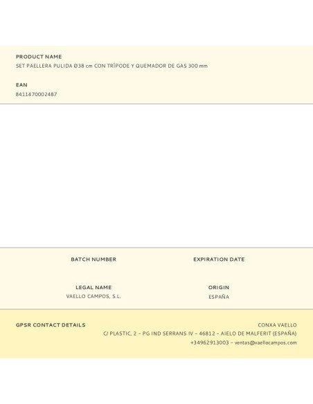 SET PAELLERA PULIDA 38CM CON TRIPODE Y QUEMADOR GAS 300MM.