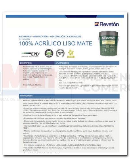 REVETON 100% ACRILICO LISO EXTRAMATE 15LTS