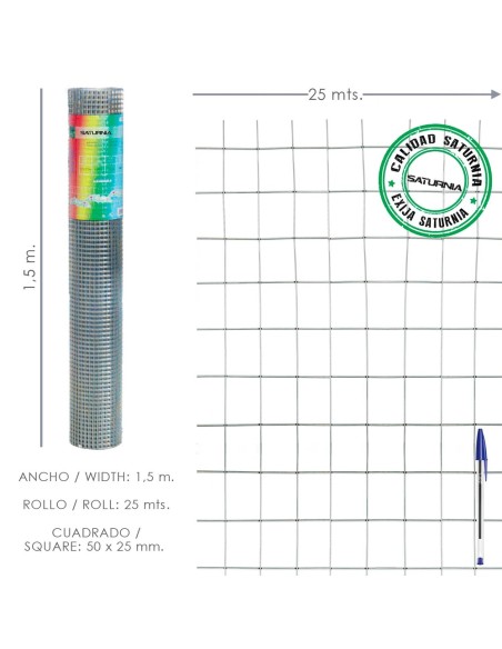 Malla Electrosoldada Galvanizada 50x25 / 2,00 / 150 cm. GA Rollo 25 metros.