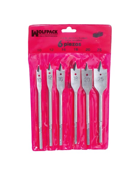 Juego Brocas Planas Madera 3 Puntas Wolfpack 6 Piezas