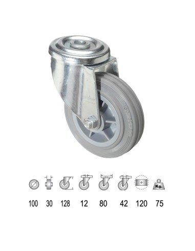 Rueda Industrial Goma Gris Pasante 100 mm.