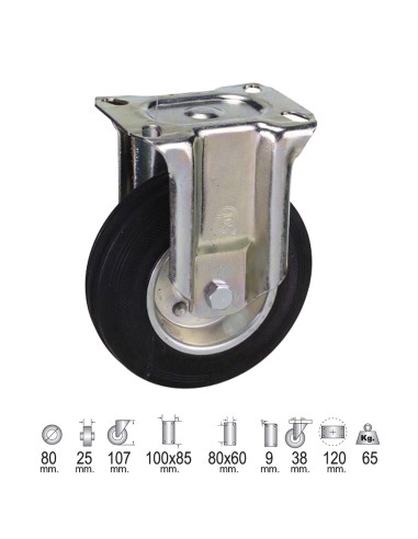 Rueda Industrial Goma Negra Fija 80 mm.