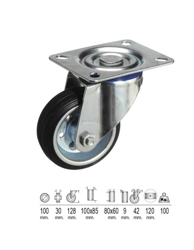 Rueda Industrial Goma Negra Placa 100 mm.