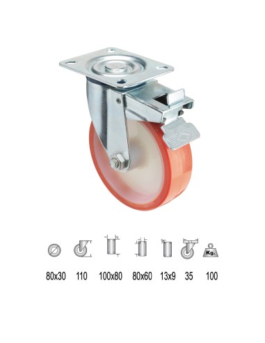 Rueda Industrial Poliuretano Placa con freno 80 mm.