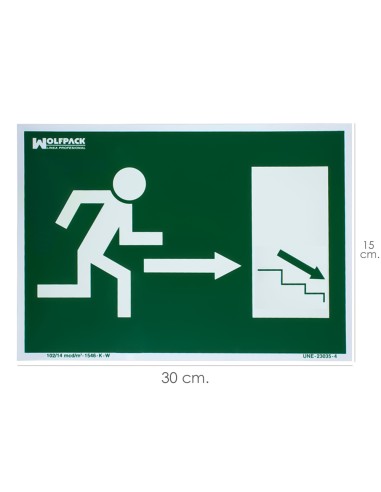 Cartel / Señal Fluorescente / Señal Fluorescente Salida Escalera Derecha Abajo 21x30 cm.