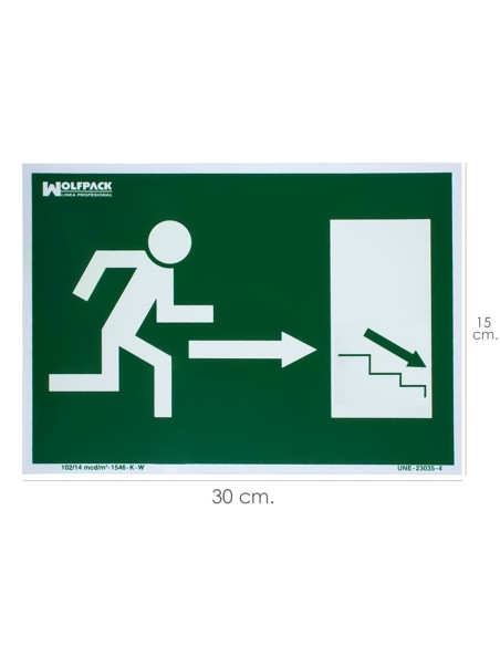 Cartel / Señal Fluorescente / Señal Fluorescente Salida Escalera Derecha Abajo 21x30 cm.