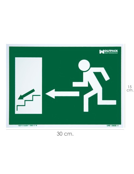 Cartel / Señal Fluorescente Salida Escalera Izquierda Abajo 21x30 cm.