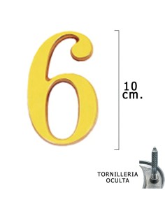 Numero Latón "6" 10 cm. con Tornilleria Oculta (Blister 1 Pieza)