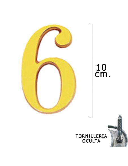 Numero Latón "6" 10 cm. con Tornilleria Oculta (Blister 1 Pieza)