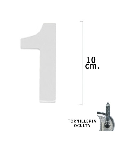 Numero Metal "1" Plateado Mate 10 cm. con Tornilleria Oculta (Blister 1 Pieza)
