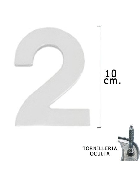 Numero Metal "2" Plateado Mate 10 cm. con Tornilleria Oculta (Blister 1 Pieza)