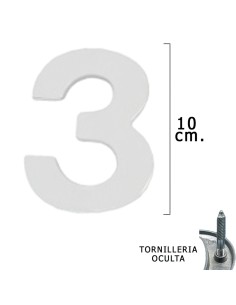 Numero Metal "3" Plateado Mate 10 cm. con Tornilleria Oculta (Blister 1 Pieza)